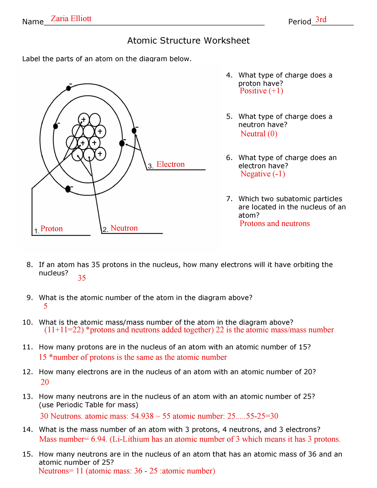 basic atomic structure worksheet