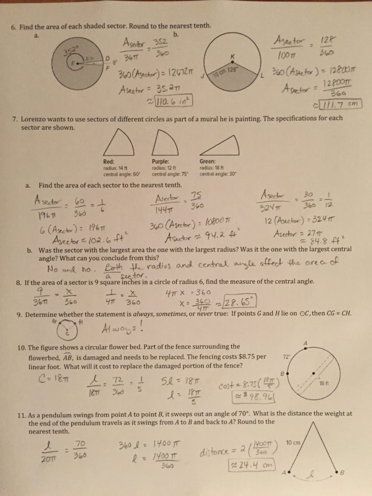 arc length and sector area worksheet