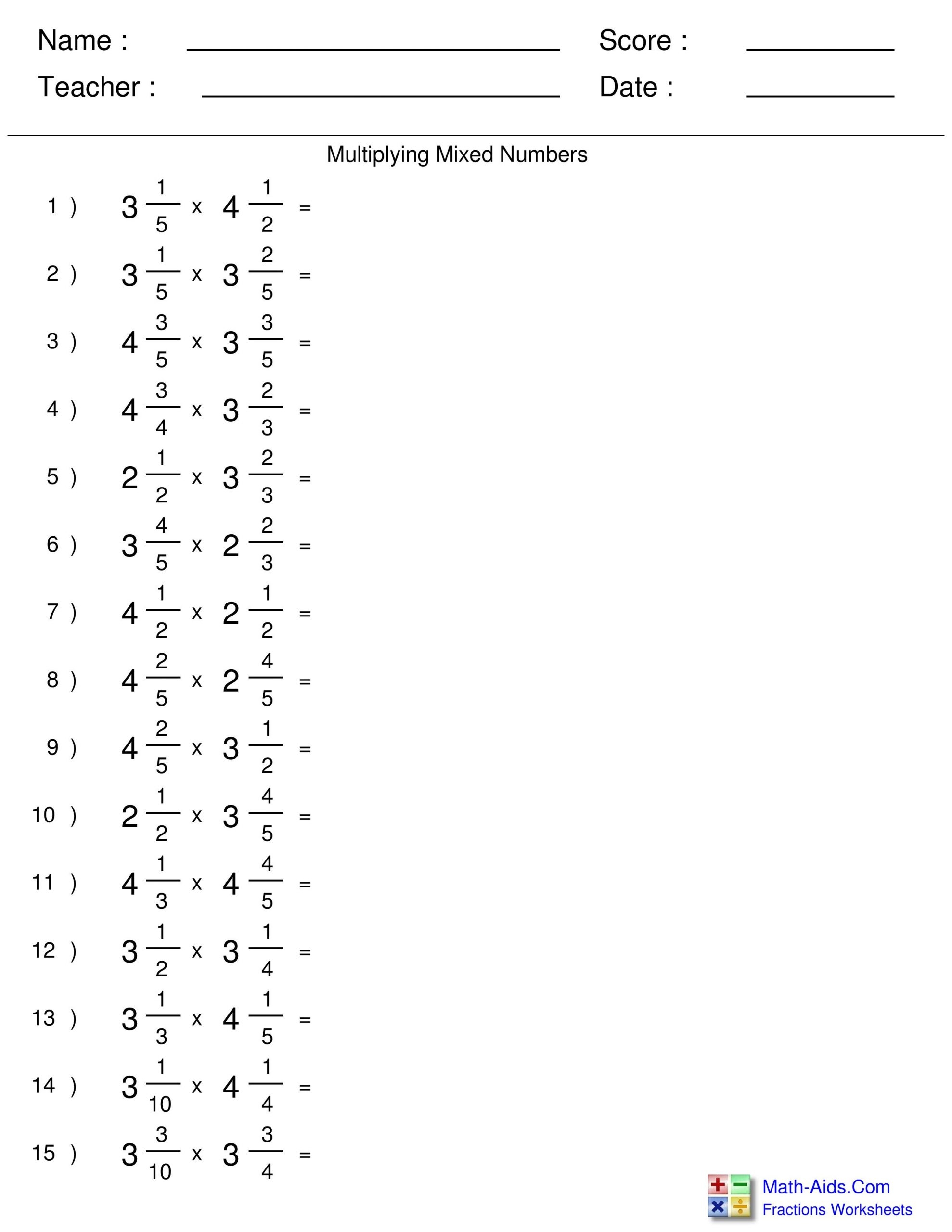 multiplication fractions worksheets