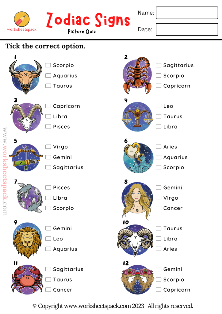 Zodiac Signs Picture Quiz Worksheetspack Worksheets Library