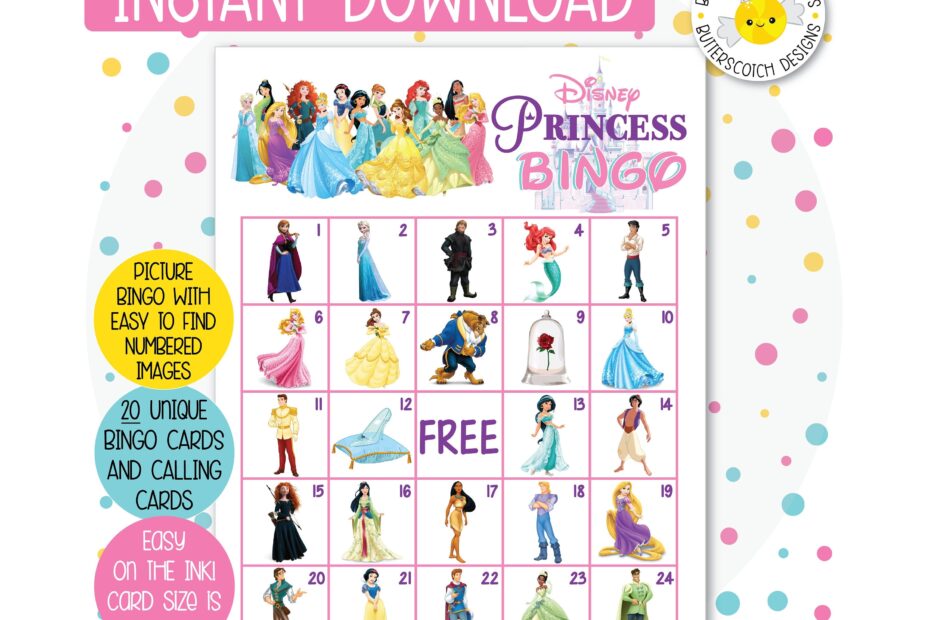 20 Princess Printable Bingo Cards 20 Different Cards Instant Download Etsy