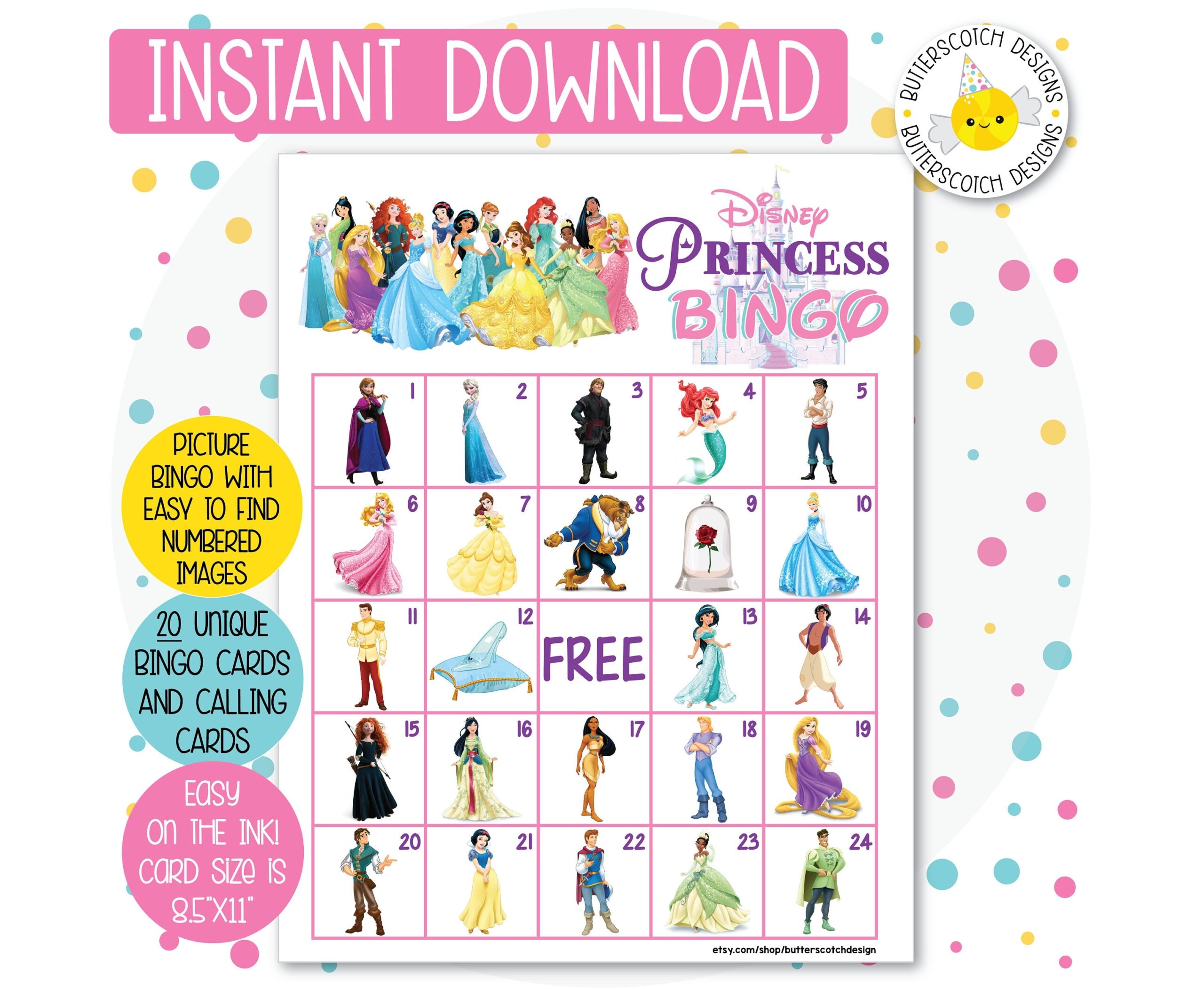 20 Princess Printable Bingo Cards 20 Different Cards Instant Download Etsy