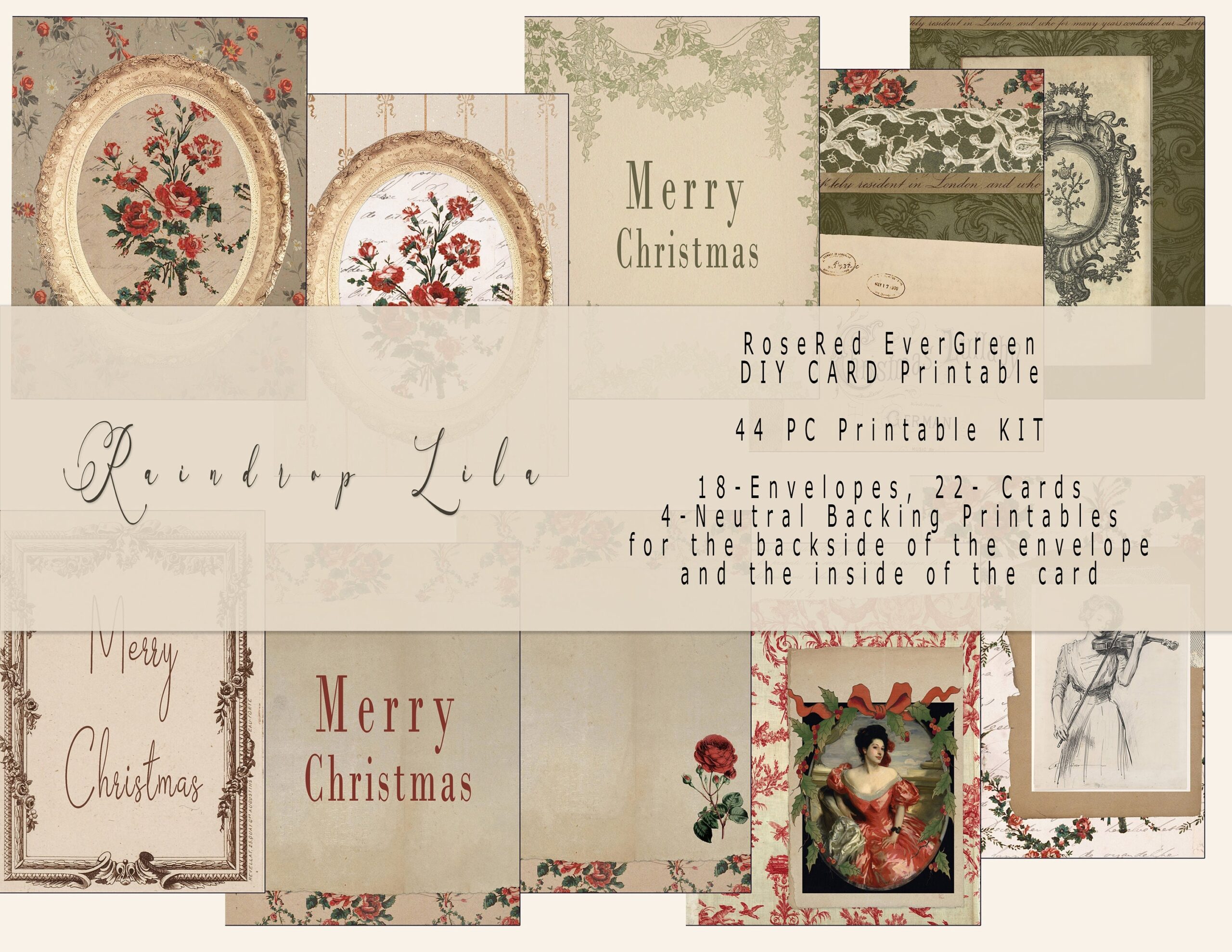 44 PC DIY Card Makingt Kit Printable Rosered Evergreen Vintage 