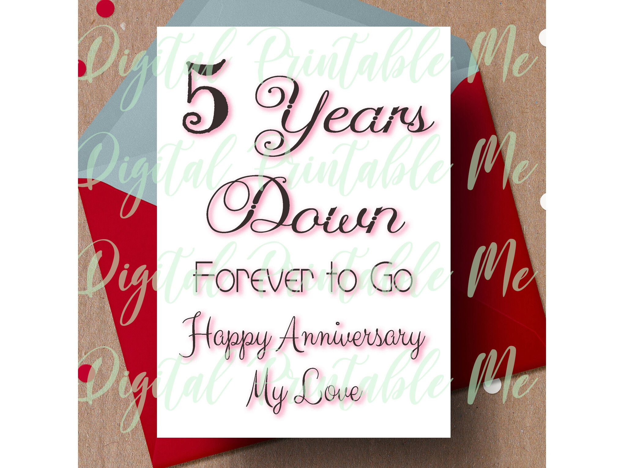 5th Anniversary Card Printable Fifth Anniversary Card 5 Year 