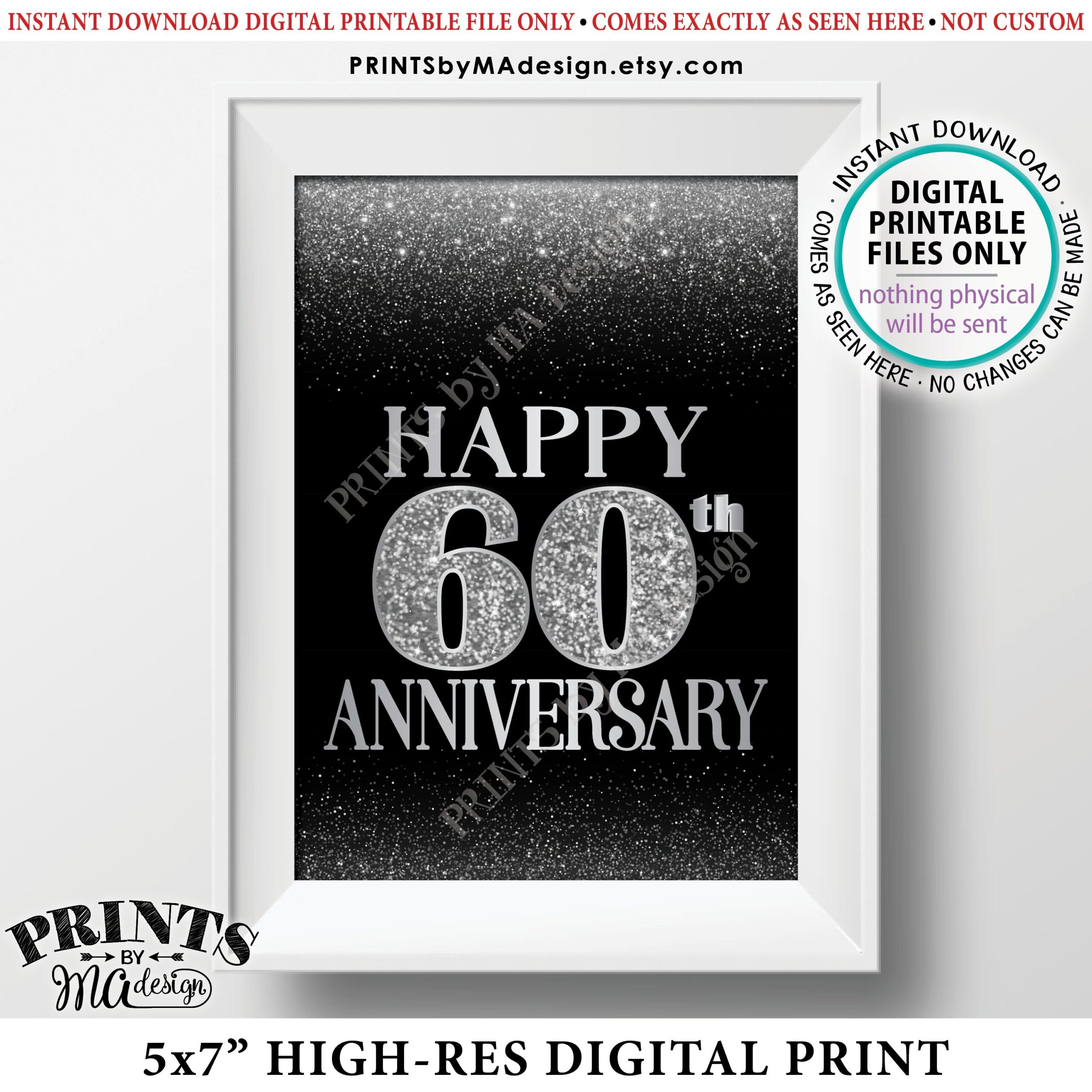 60th Anniversary Card Black U0026 Silver Glitter 60th Wedding Anniversary Sixty Years Card Silver Glitter PRINTABLE 5x7