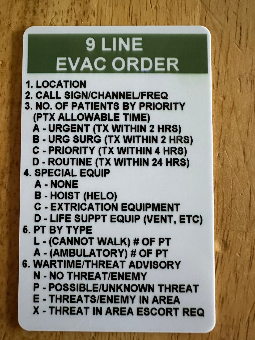 9 Line Medical Evacuation Order Reference Card By TRS Set Of 2 Etsy