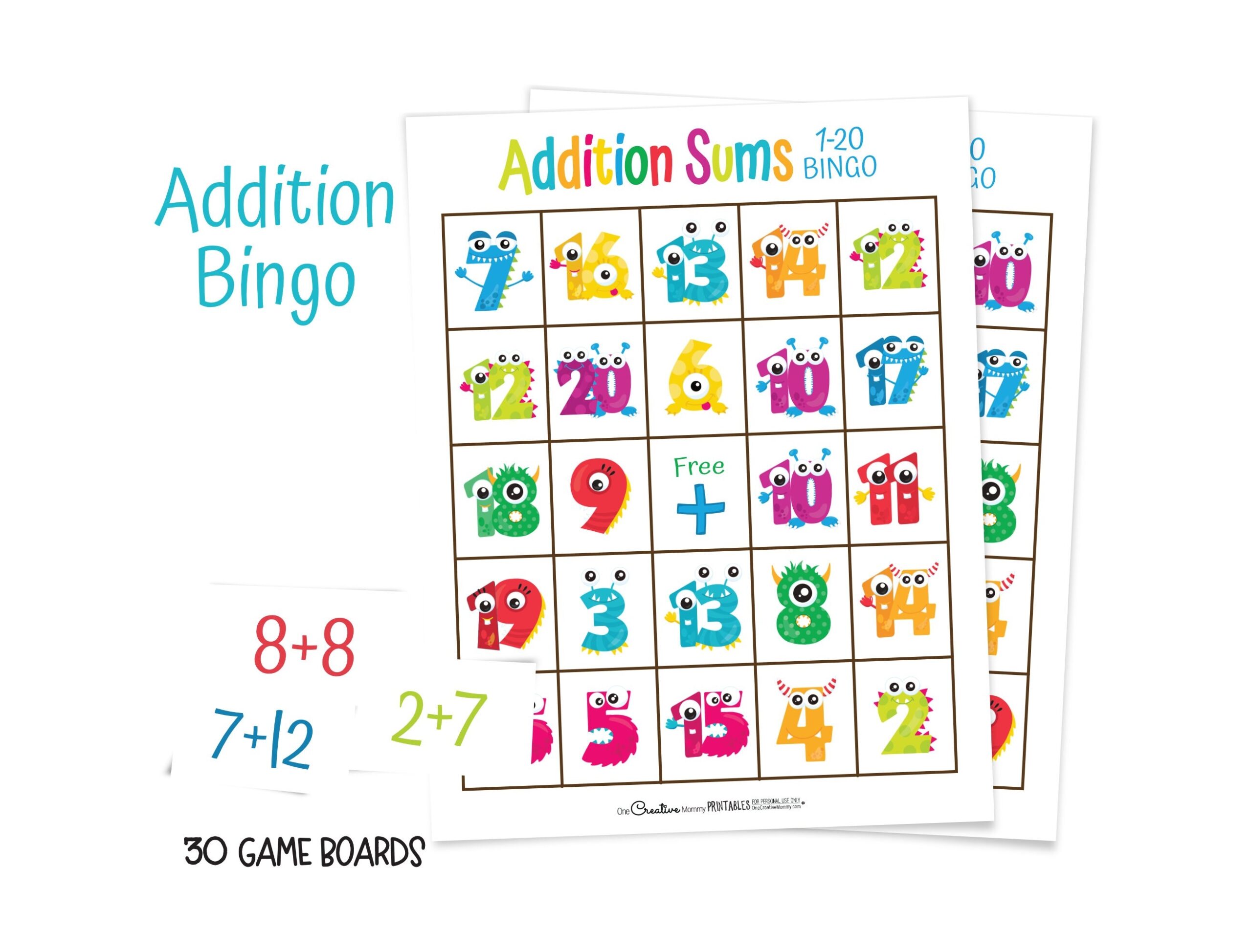 printable addition bingo cards