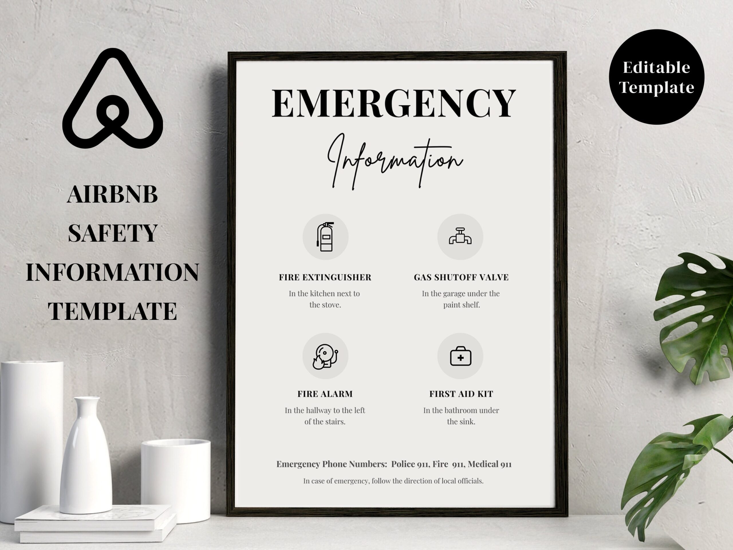 Airbnb Emergency Information Sign Template Safety Info Vacation 
