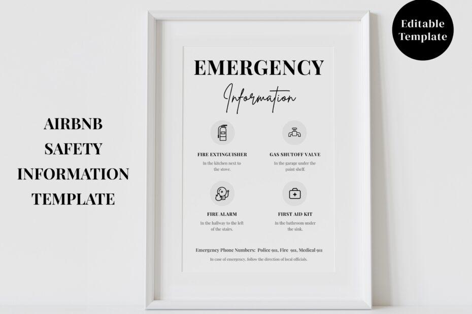Airbnb Emergency Information Sign Template Safety Info Vacation