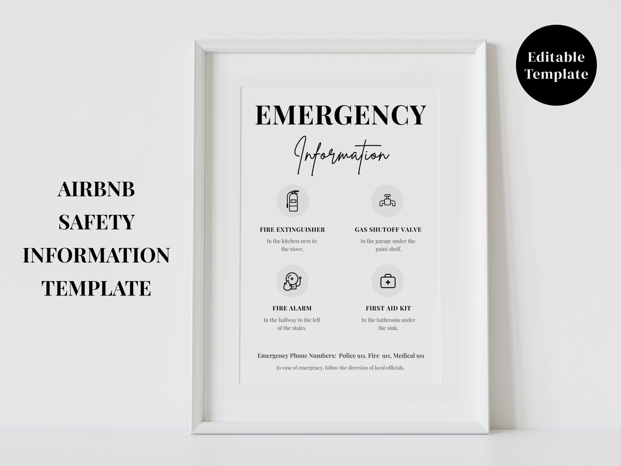Airbnb Emergency Information Sign Template Safety Info Vacation 