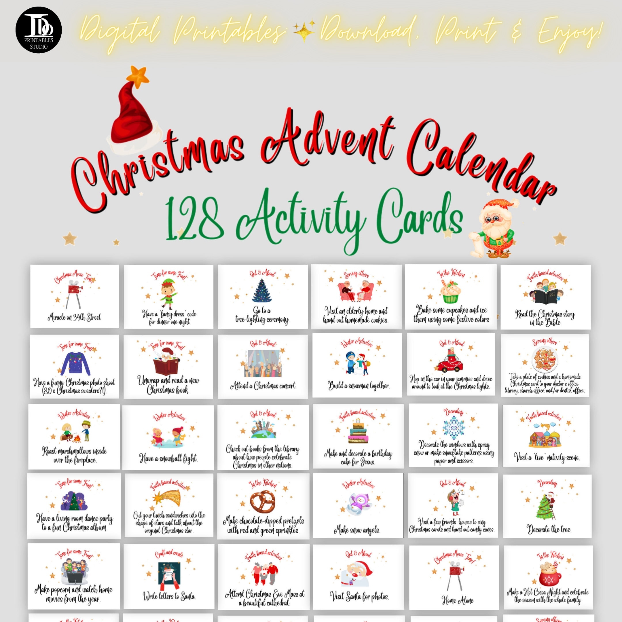 Christmas Advent Calendar Activity Cards Family Activities Advent Cards Xmas Daily Note Cards Christmas Printable Game For Kids