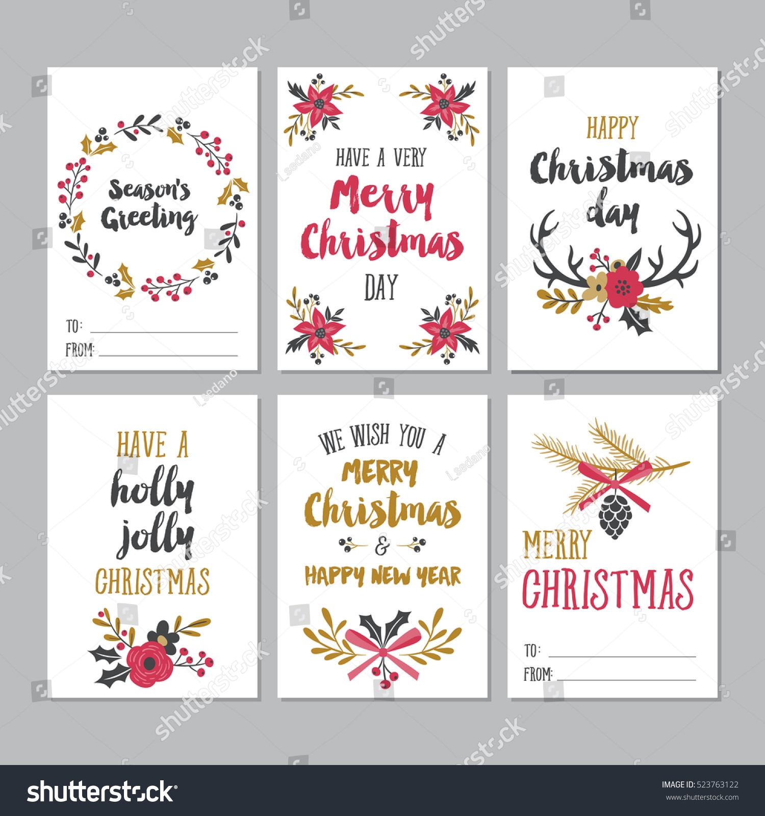 Christmas Greeting Printable Cards Cute Floral Stock Vector 