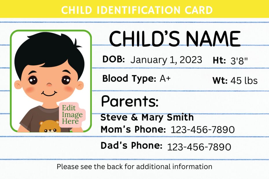 Editable Child ID Card Canva Template Custom Kid ID Card Printable Child Badge With Photo Back To School ID Card Lined Paper Etsy