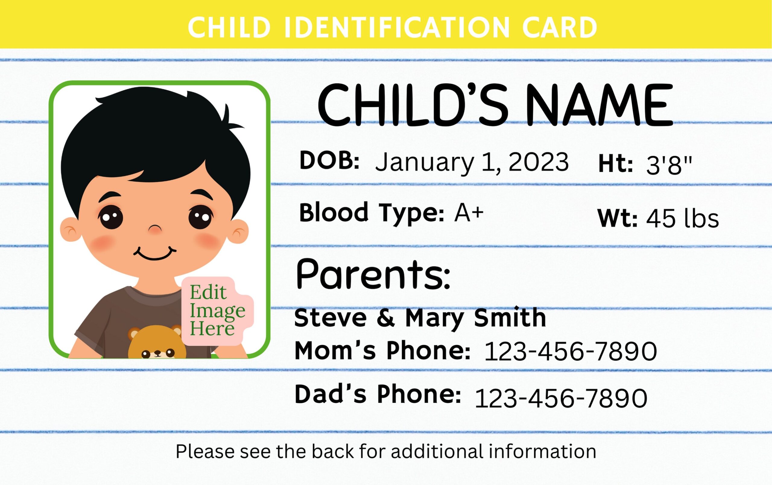 Editable Child ID Card Canva Template Custom Kid ID Card Printable Child Badge With Photo Back To School ID Card Lined Paper Etsy