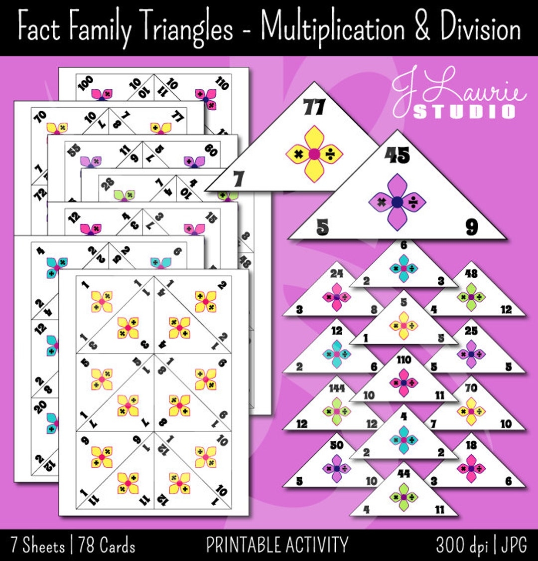 Fact Family Traingles multiplication division math Flashcards education teachers math Printables learning flash Cards instant Download Etsy