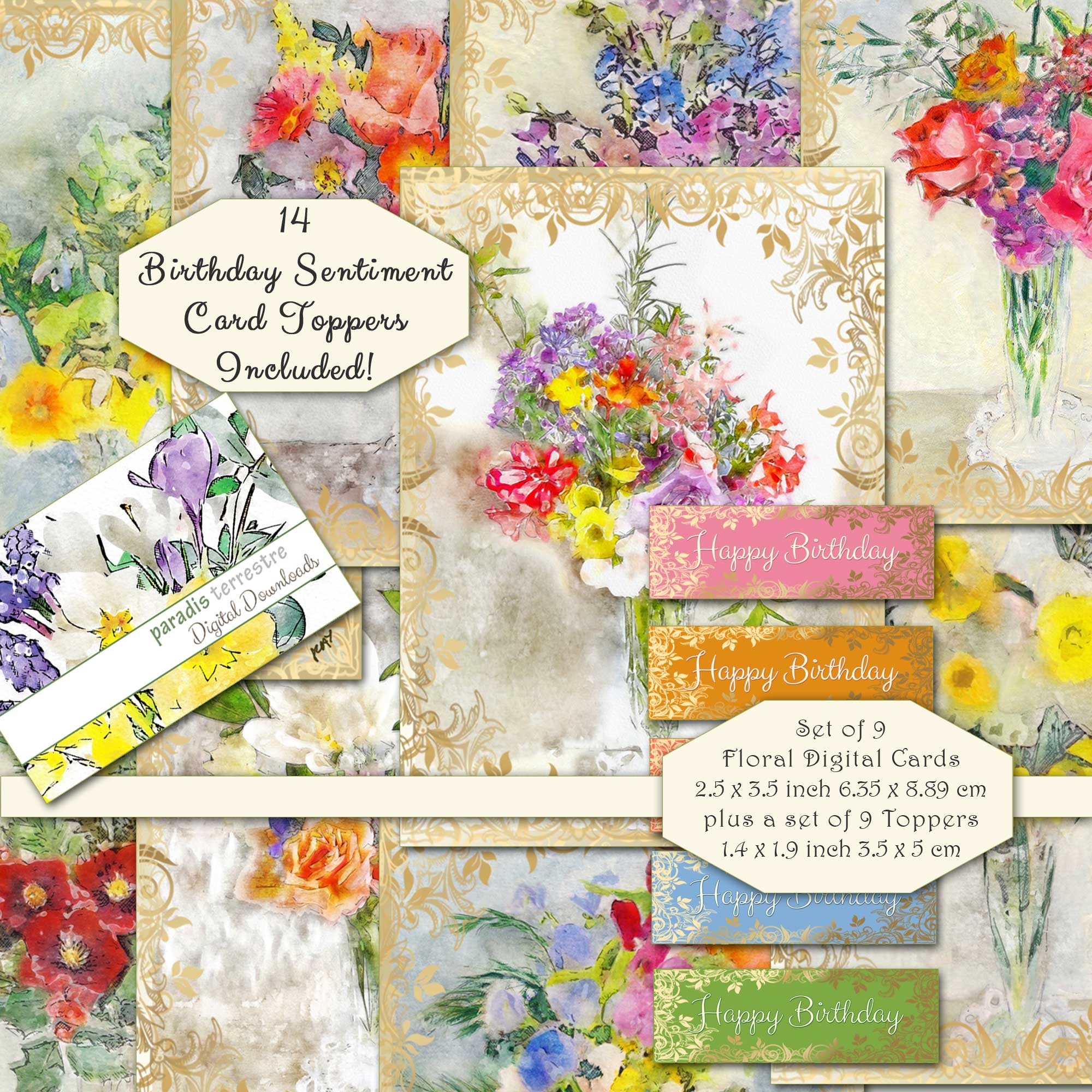 Floral Birthday Card Toppers ACEO Card Making Decoupage Pastel Sentiments Victorian Instant Download Printable Digital Collage Sheet