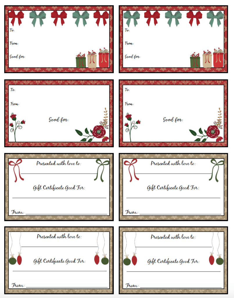 FREE Printable Christmas Gift Certificates 7 Designs