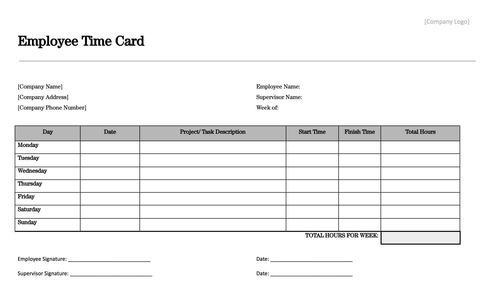 printable 7 day time card
