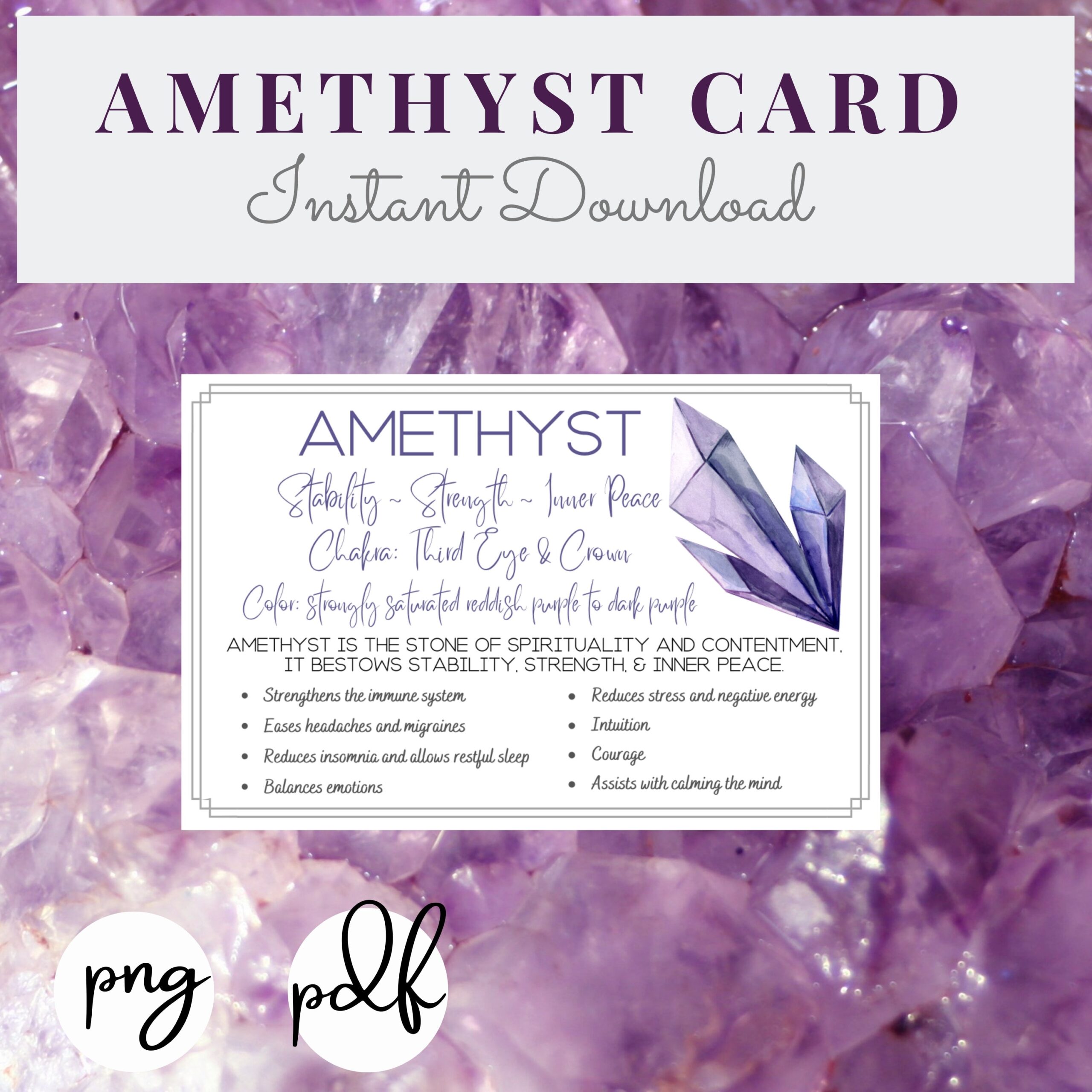 Gemstone Properties Of An Amethyst AMETHYST Printable Cards Crystal Stone Meaning Properties Benefits Instant Download Crystals