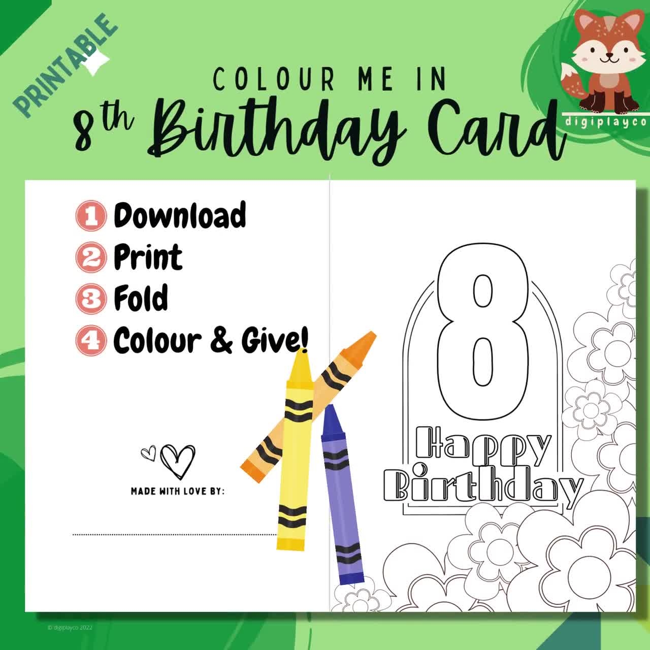 Happy 8th Birthday Floral Card Printable Colour In Kids 8 Year Old Eight Digital PDF Download Coloring Activity Children DIY Handmade