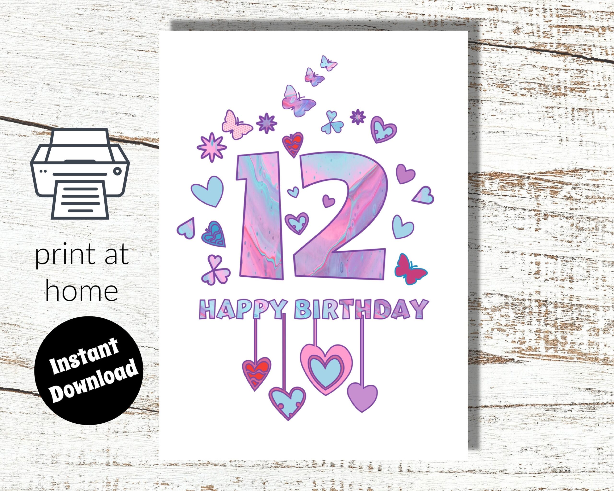 Instant Download And Print At Home Pink 12th Birthday Digital Card 