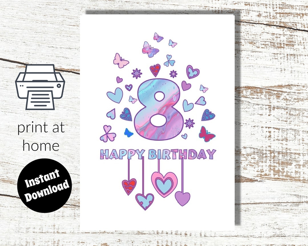 Instant Download And Print At Home Pink 8th Birthday Digital Card For Girl 8 Years Old Etsy