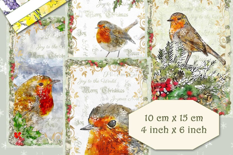 Instant Download Traditional Christmas Robins Card Toppers Printable Digital Clipart 10cmx15cm 4