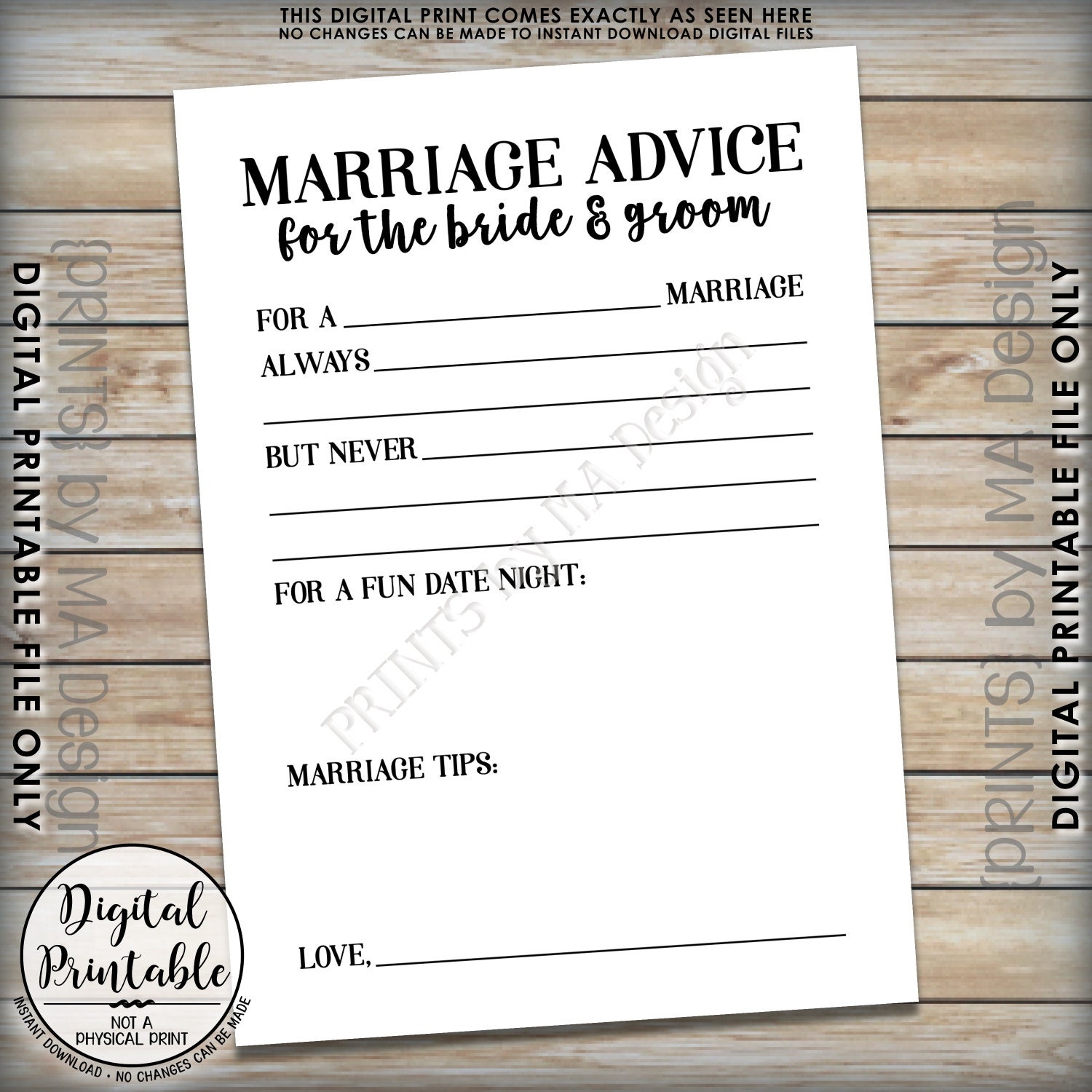 printable advice for the bride and groom cards