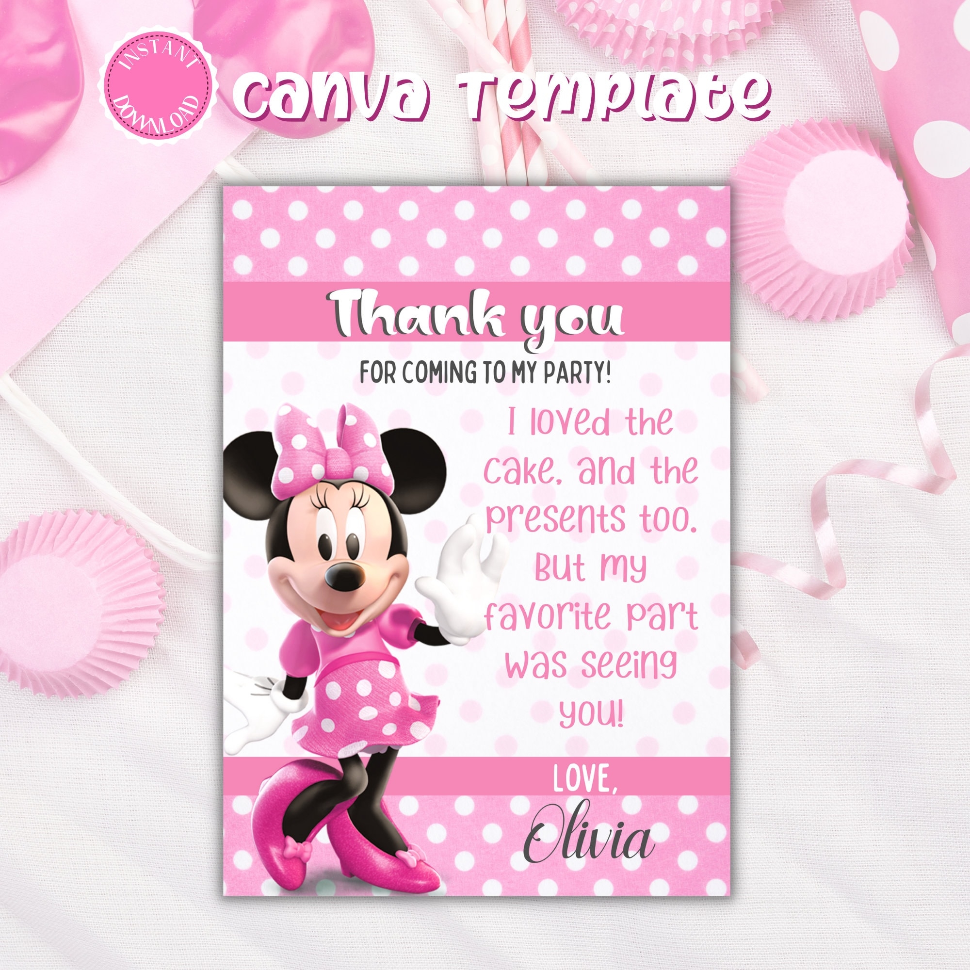Minnie Mouse Thank You Card Digital Download Canva Template 