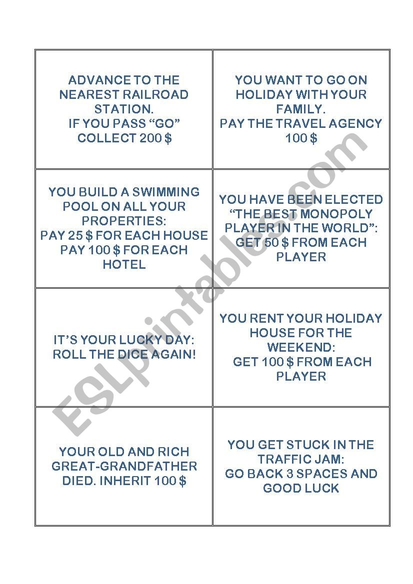 MONOPOLY CARDS CHANCE AND COMMUNITY CHEST ESL Worksheet By 