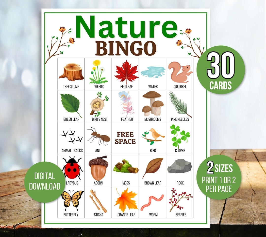 Nature Bingo 30 Printable Nature Bingo Cards Nature Party Game Nature Hike Bingo Camping Bingo Nature Scavenger Hunt Nature Game Etsy UK
