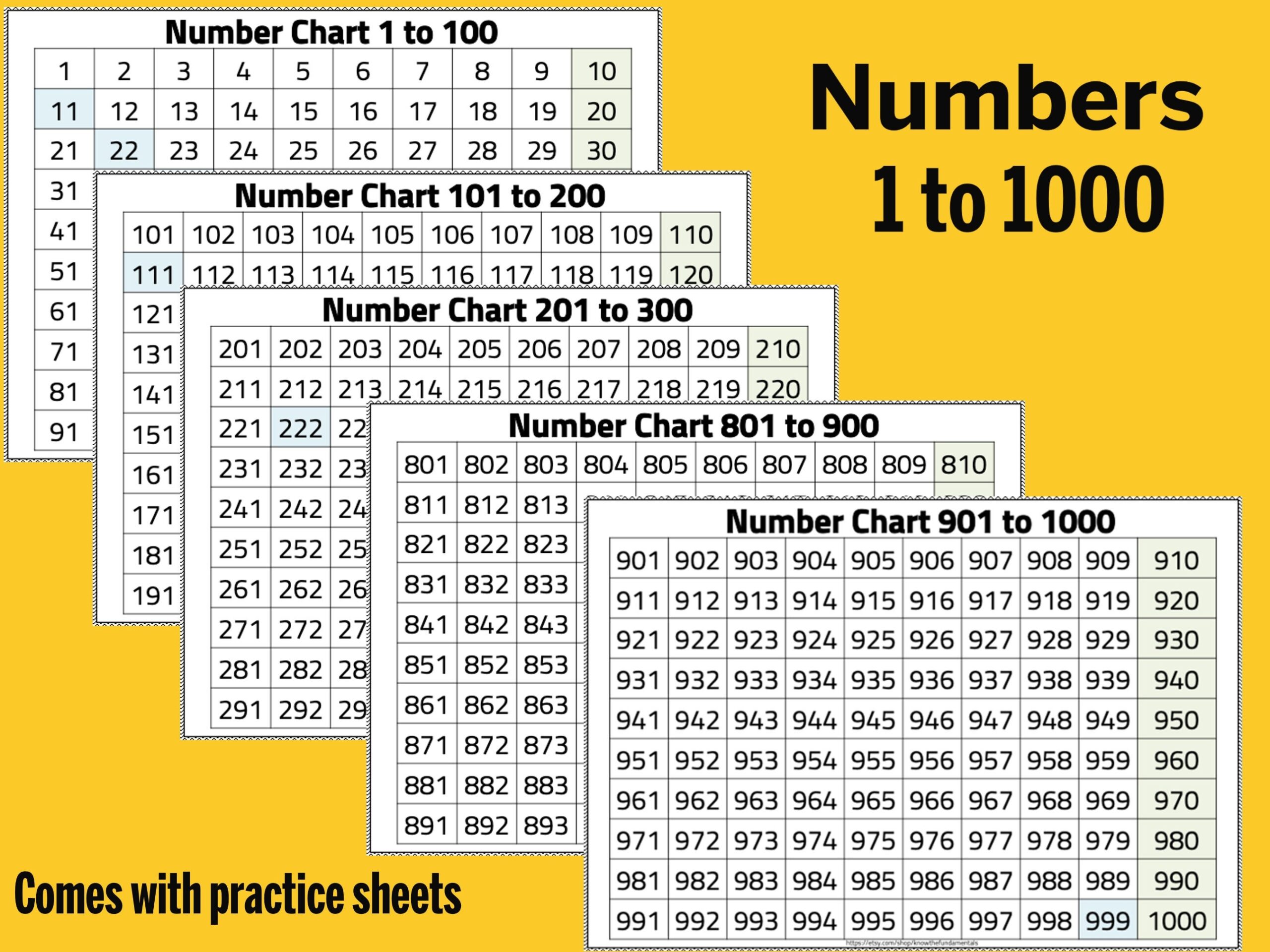 number cards to 1000 printable