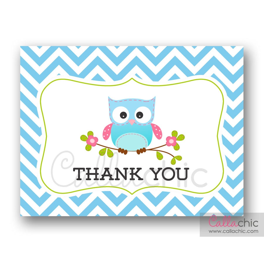 Owl Thank You Card Printable Blue Green Chevron