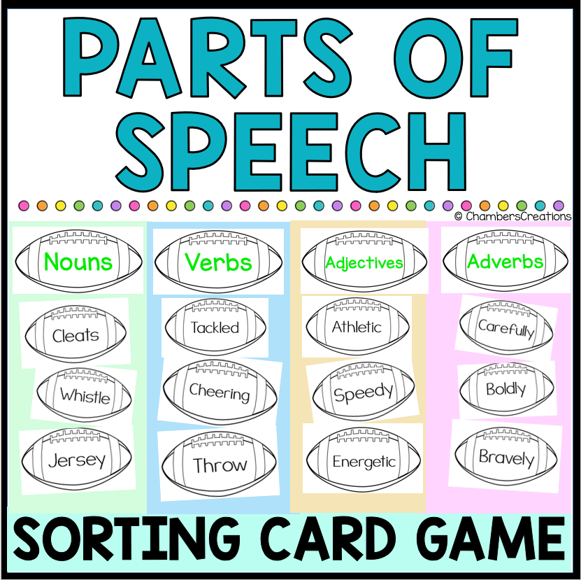 Parts Of Speech Football Themed Card Sorting Game ELA Center Nouns Adjectives Classful