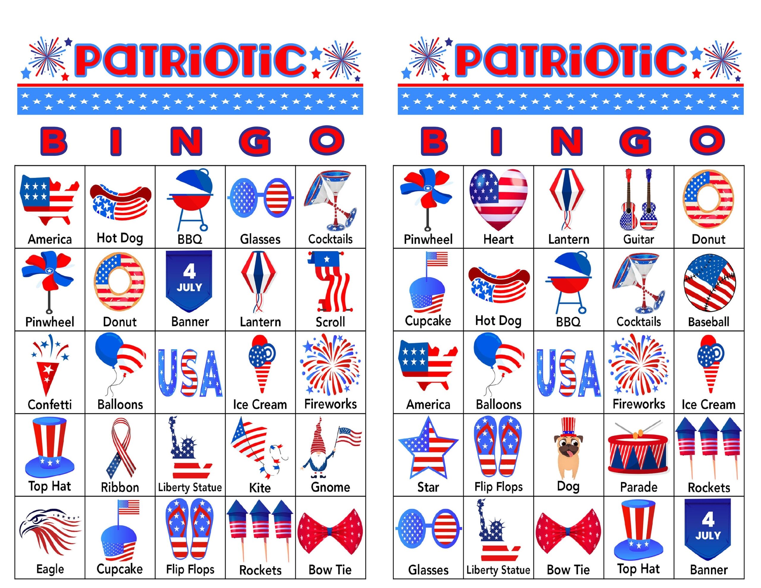 Patriotic Bingo Cards Printable Bingo 100 Cards 4th Of July Party Idea Memorial Day Red White Blue Senior Citizen Activity Kids Game Etsy