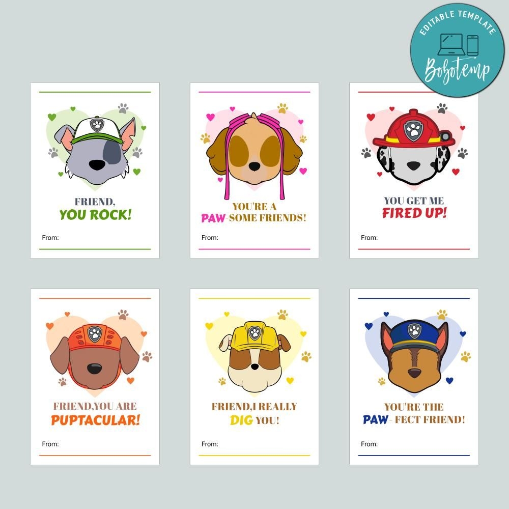 Paw Patrol Kids Valentine Cards Printable Customizable Template Bobotemp