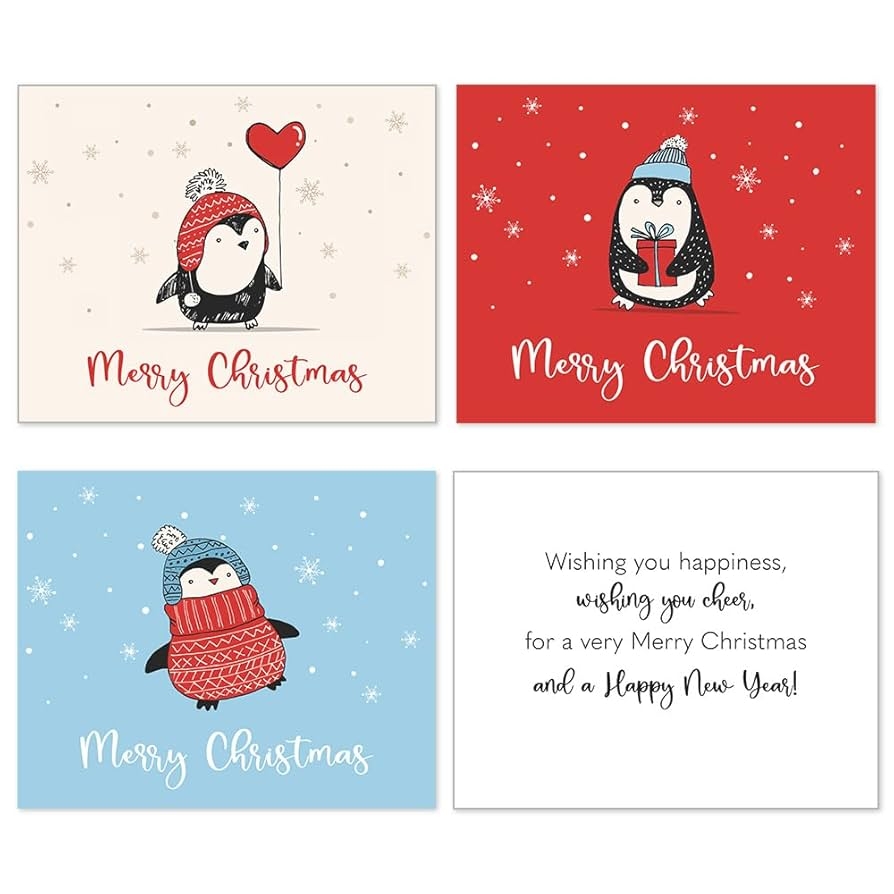 Penguin Christmas Card Assorted Holiday Cards Greetings Waddles The Penguin Variety Whimsical Season Adorable Balloon Sweater Gift Heart Snow 24 