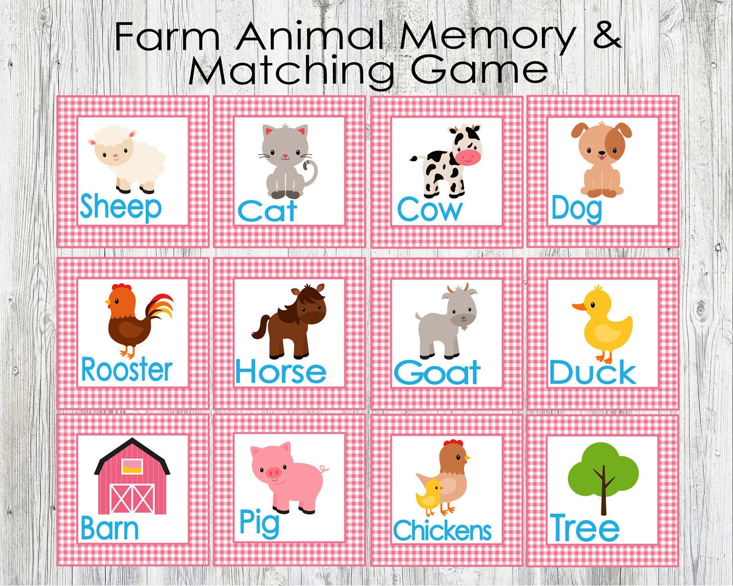 Pink Farm Animal Matching And Memory Game Printable Game For Toddlers Preschoolers Kids Flash Cards Instant Digital Download Etsy