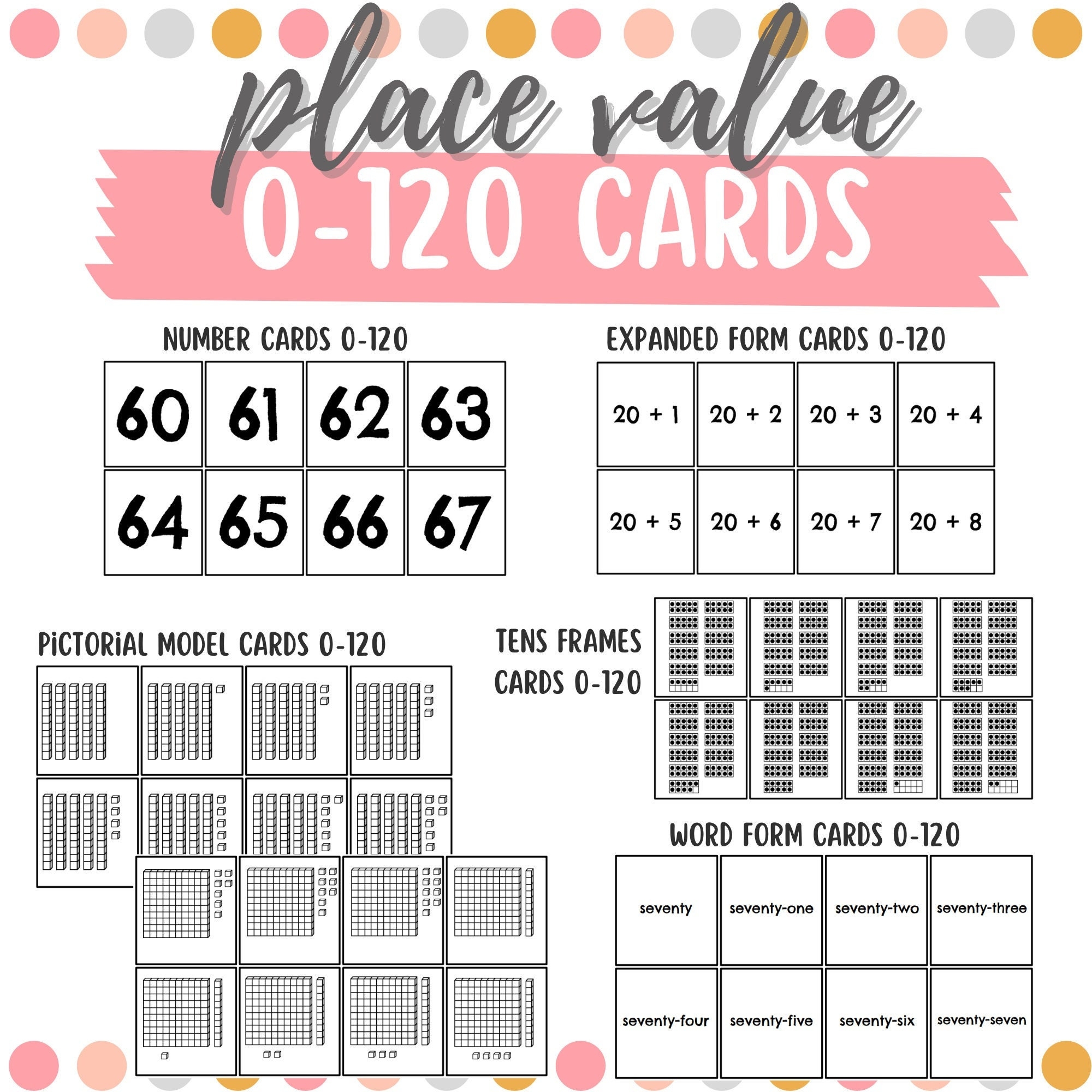 Place Value Number Cards To 120 Expanded Forms Pictorial Models Tens Frames Flash Cards