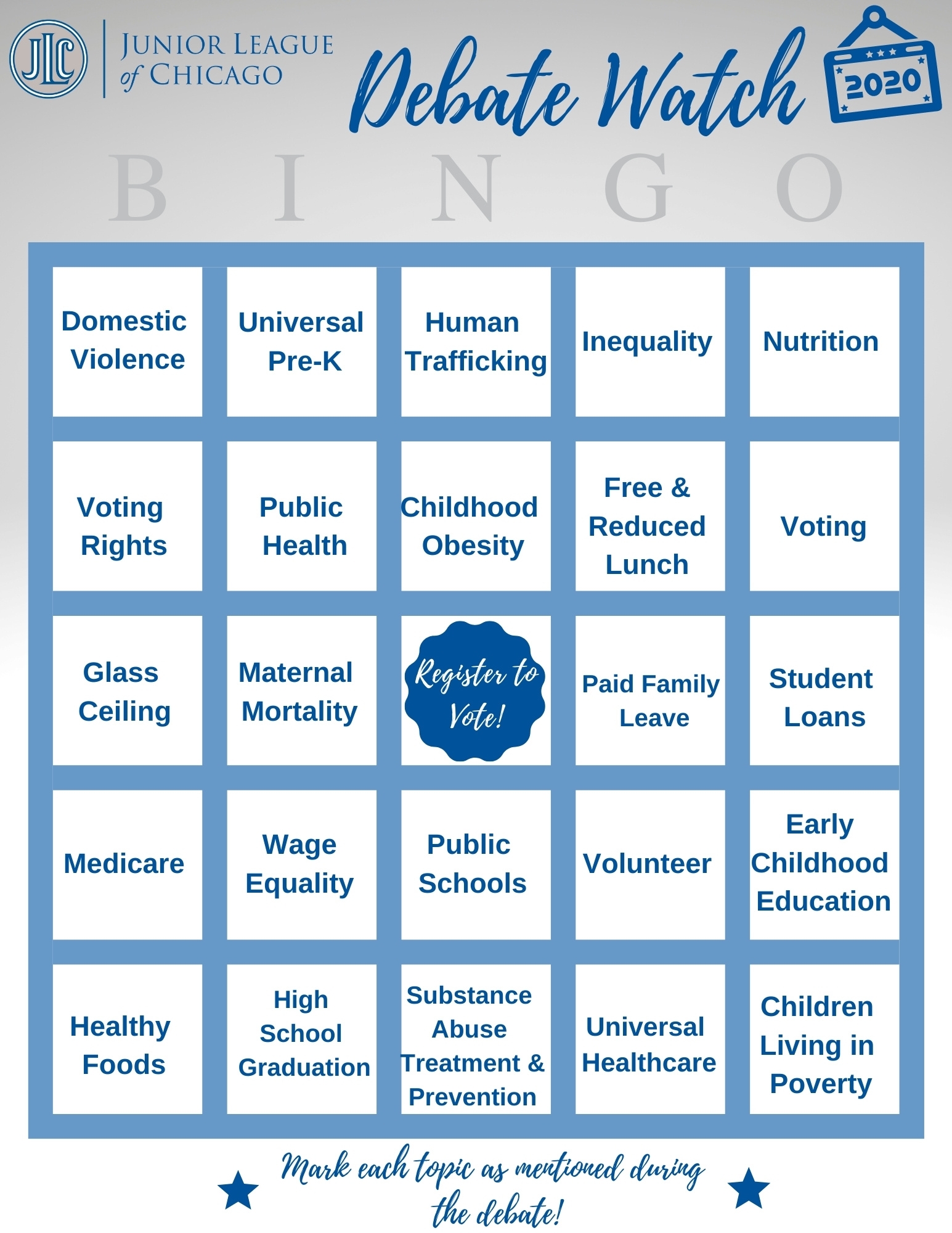 Presidential Debate Bingo Junior League Of Chicago Advocacy