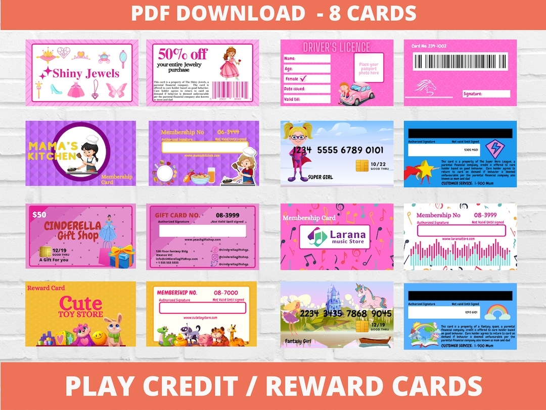 Pretend Play Cards For Kids Fake Credit Cards For Kids Printable Play Money Shopping Pretend Play Kindergarten Printable Gift Cards Etsy