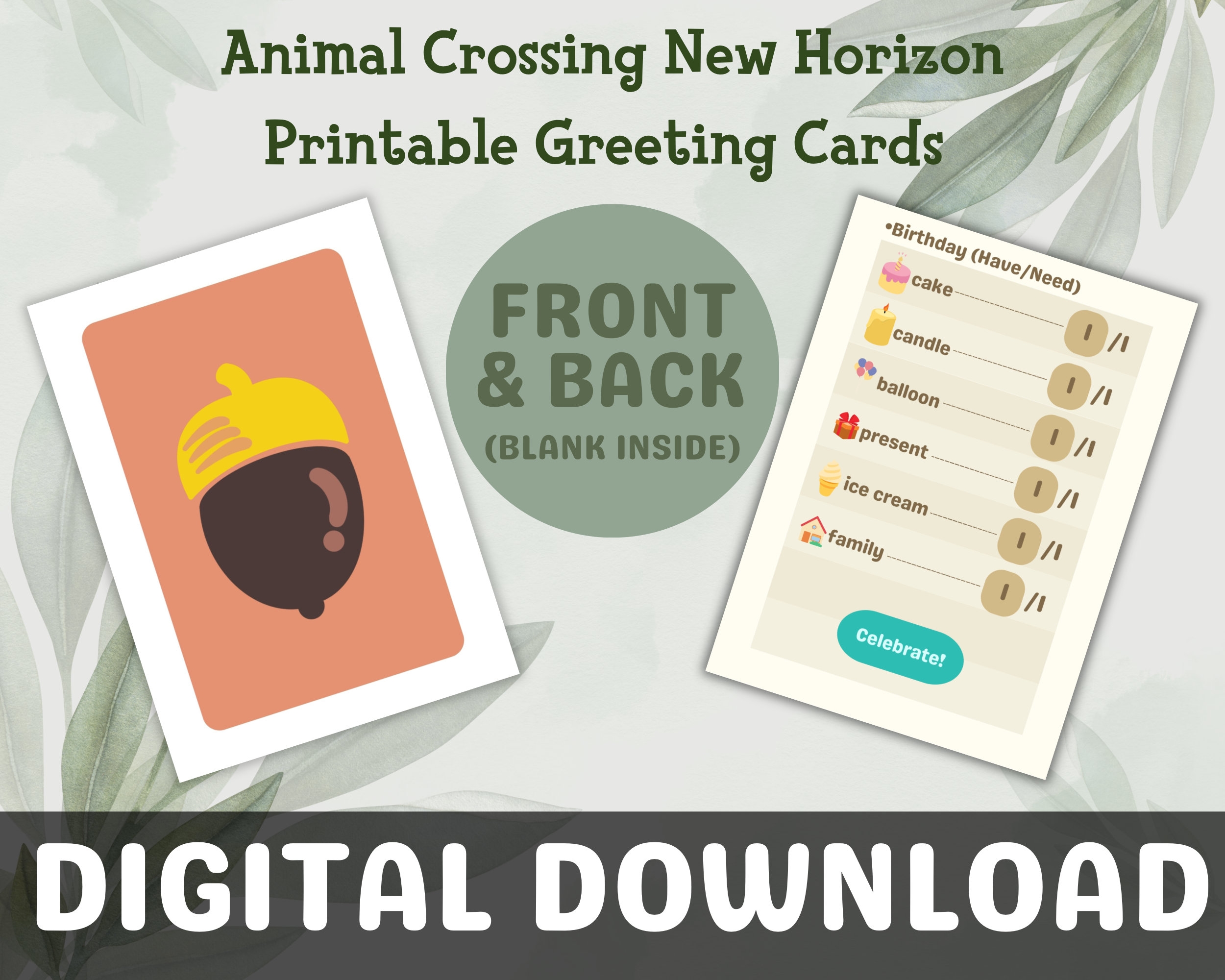 Printable Animal Crossing New Horizon DIY Recipe Birthday greeting 