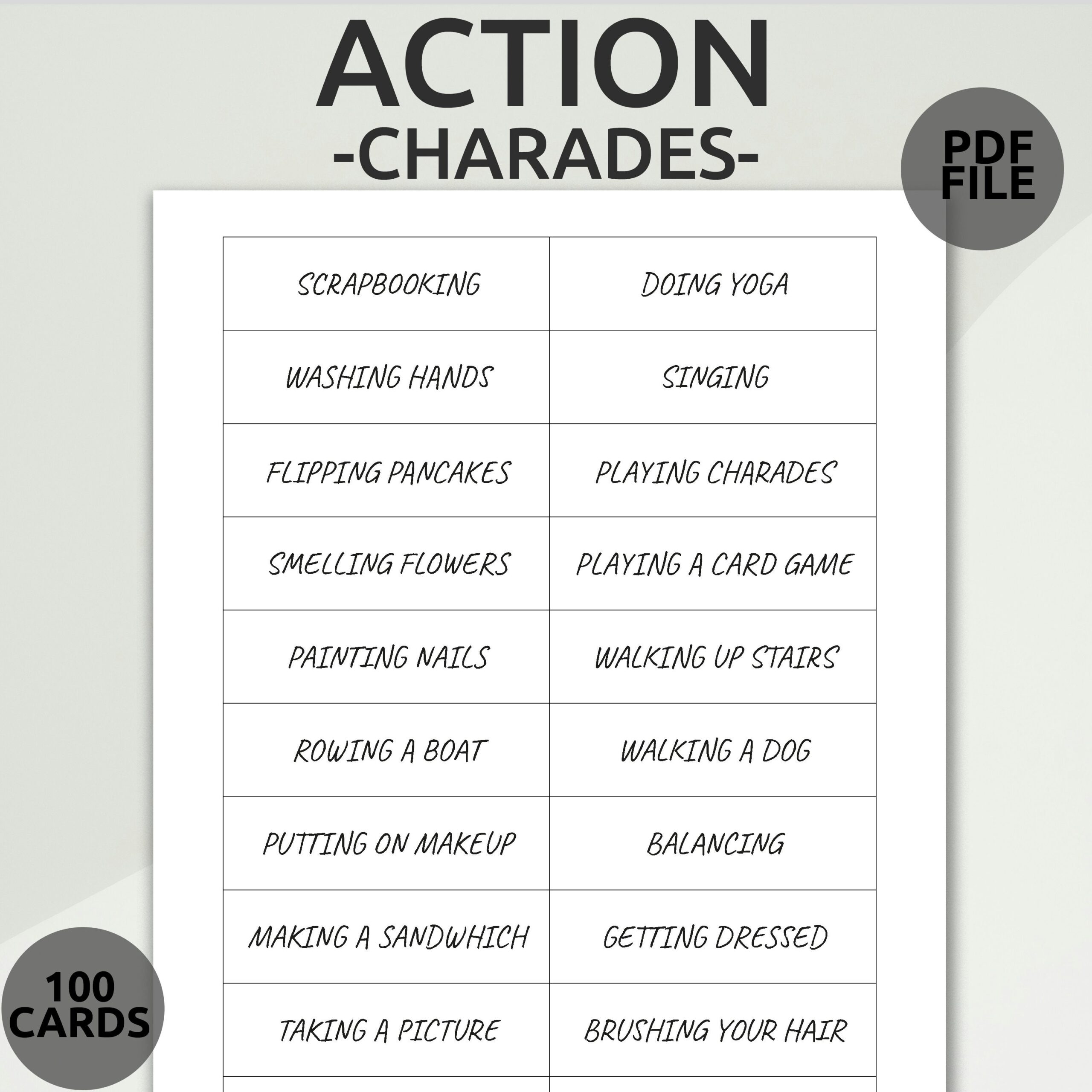 Printable Charades Game Family Charades Game Printable Charades For Kids And Adults Family Game Night Group Acting Game Group Game Etsy UK