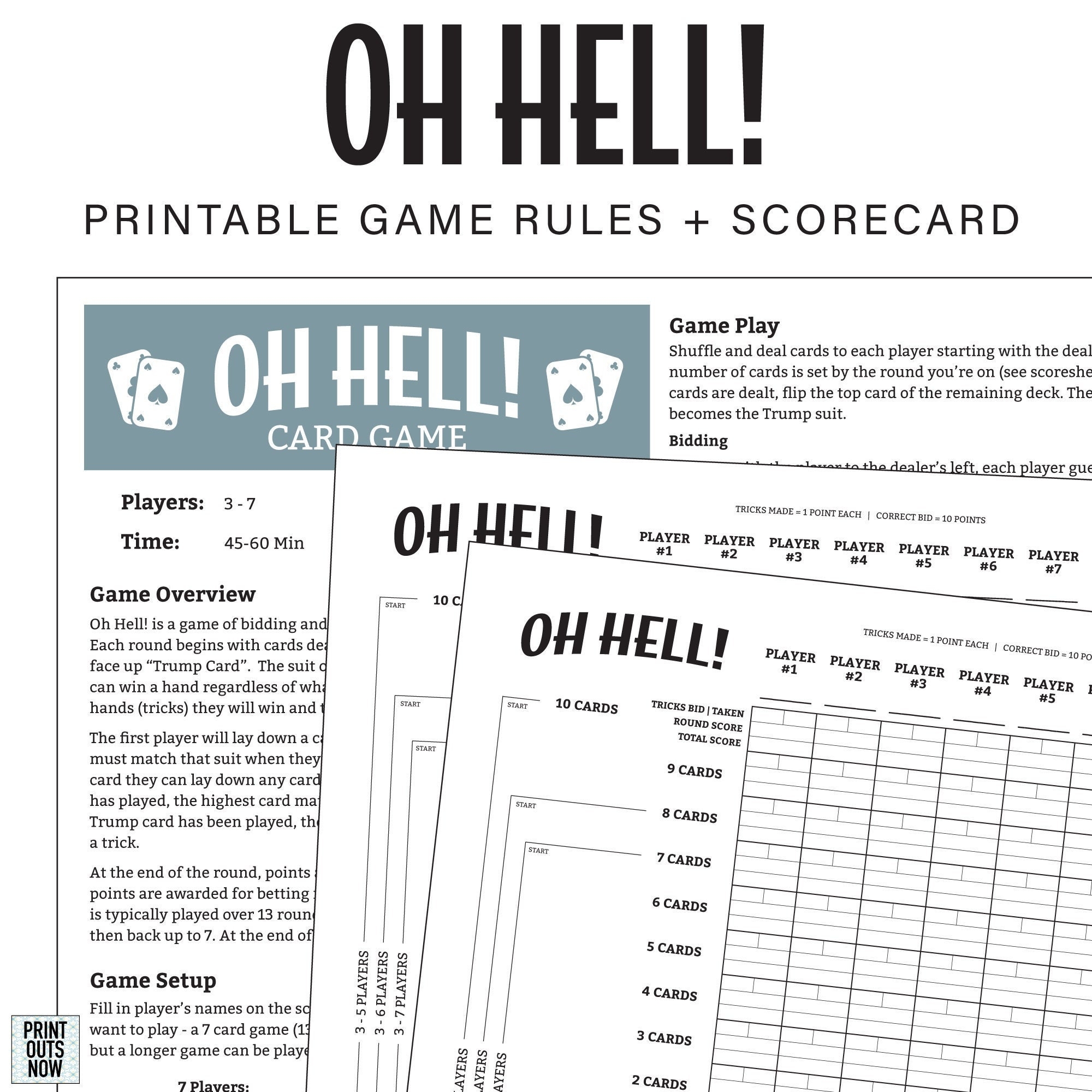 Printable Oh Hell Games Rules U0026 Score Sheet Elevator Bust Up And Down The River Etc A4 And Letter Sizes Included Etsy