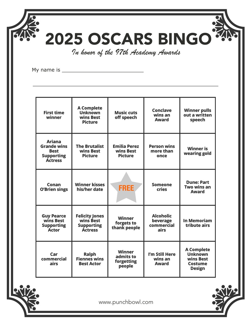 Printable Oscars Bingo Party Ideas Punchbowl