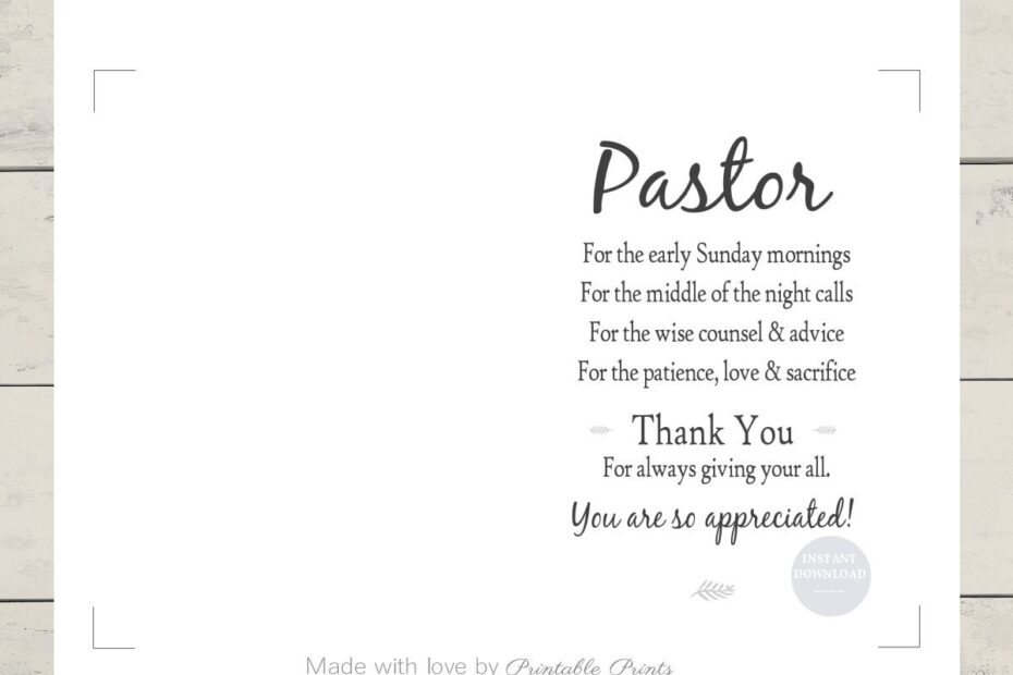 Printable PASTOR APPRECIATION Card 5x7 CARD Gift For Pastor Thank You Instant Download White Card Template Jpeg File Quick Etsy