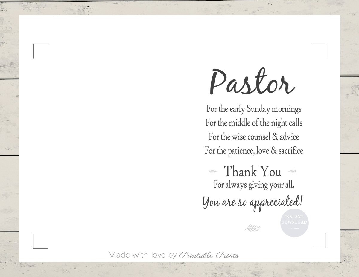 Printable PASTOR APPRECIATION Card 5x7 CARD Gift For Pastor Thank 