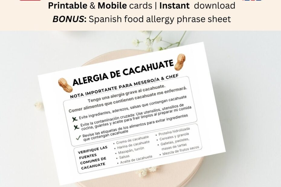 Printable Spanish Peanut Allergy Card Peanut Allergy Restaurant Card Spanish Mexico Latin America Travel Spanish Medical Allergy Alert Etsy