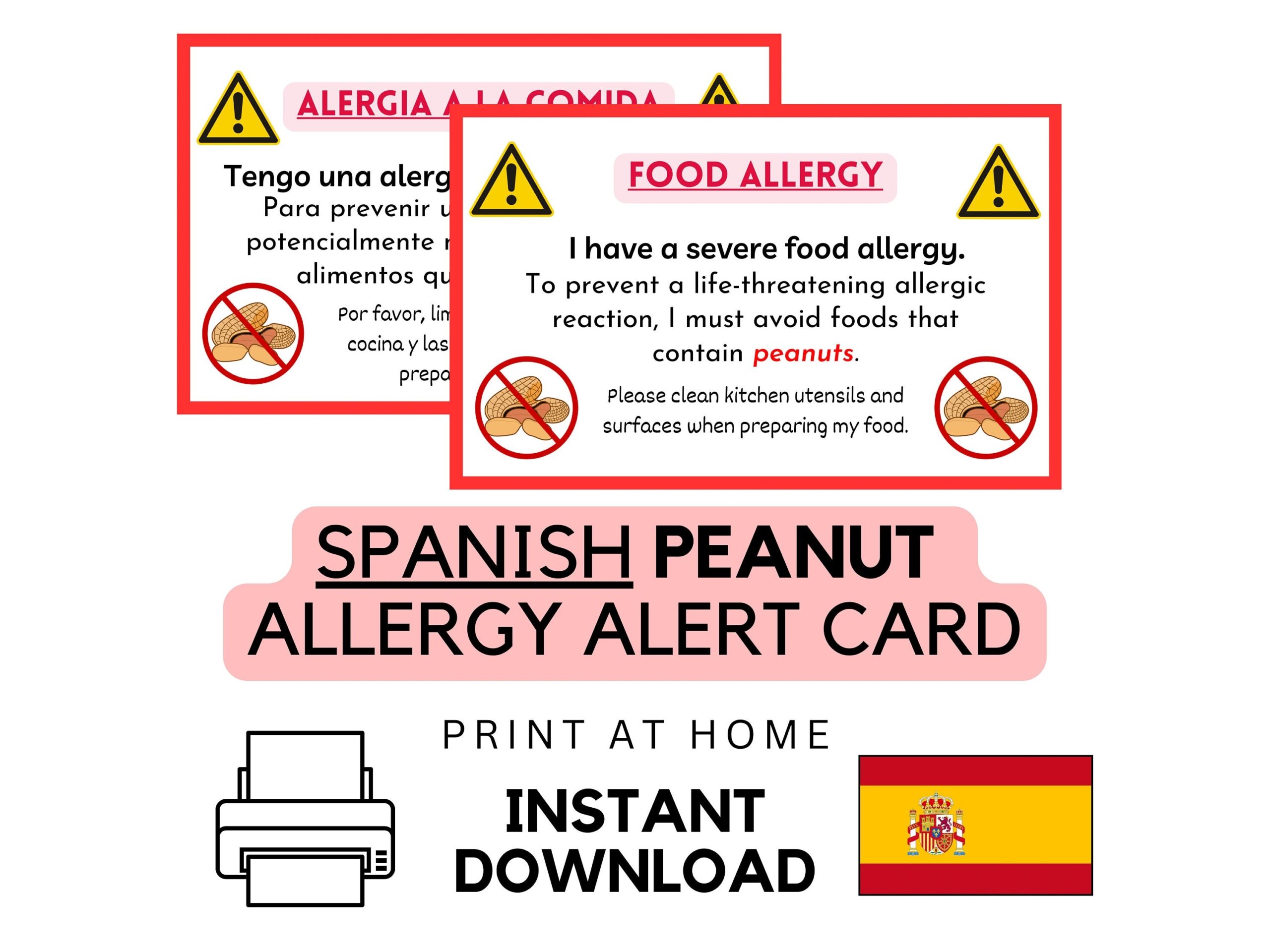 Printable Spanish Peanut Food Allergy Card Instant Download 