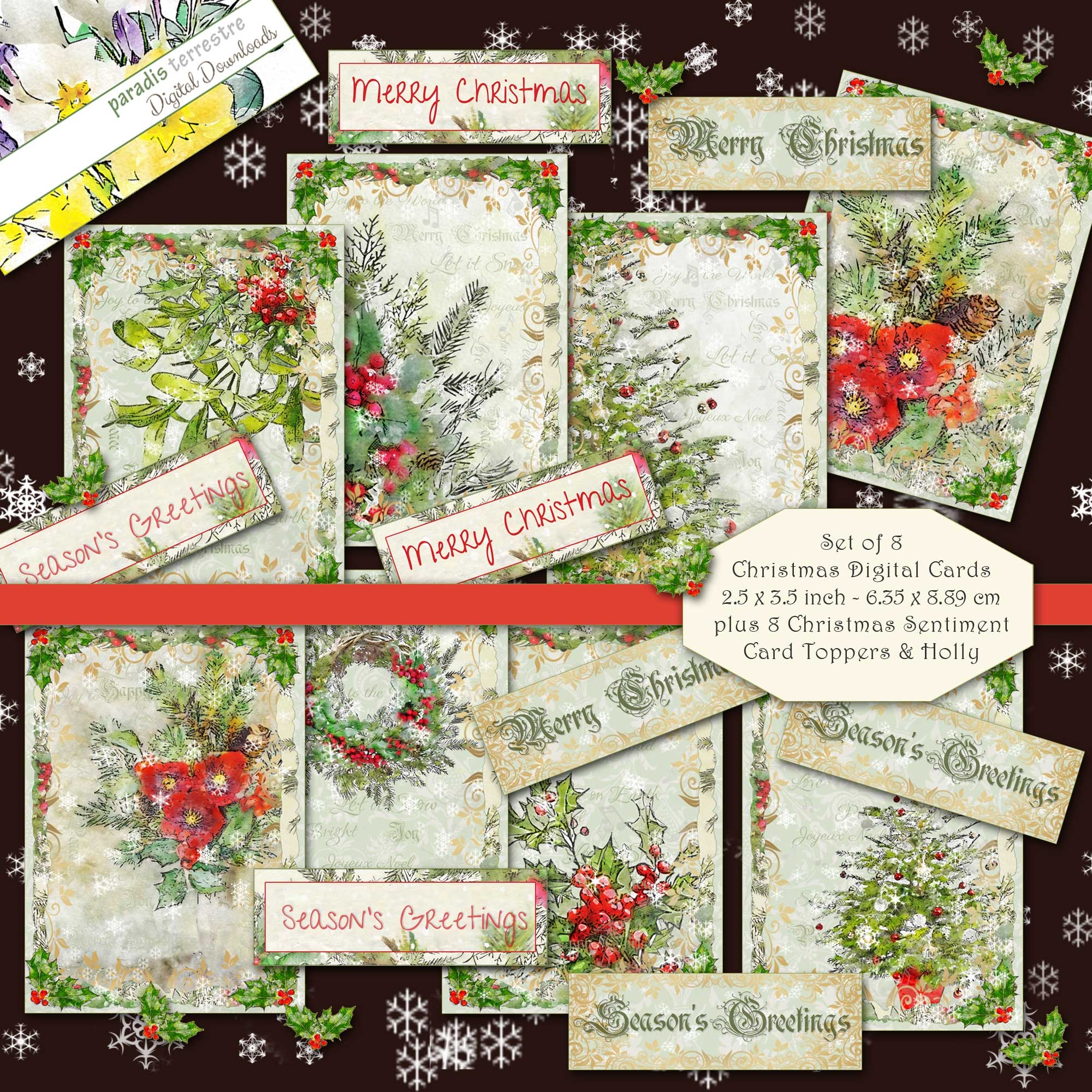 Printable Traditional Christmas Card Toppers Cardmaking ATC ACEO Instant Download Vintage Retro Xmas Sentiments Print Cut Cricut Holly